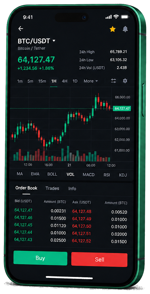 Zeltix AI mobil handelsplattform – sanntidspriser for BTC/USDT, ordrebok og kjøps-/salgsgrensesnitt